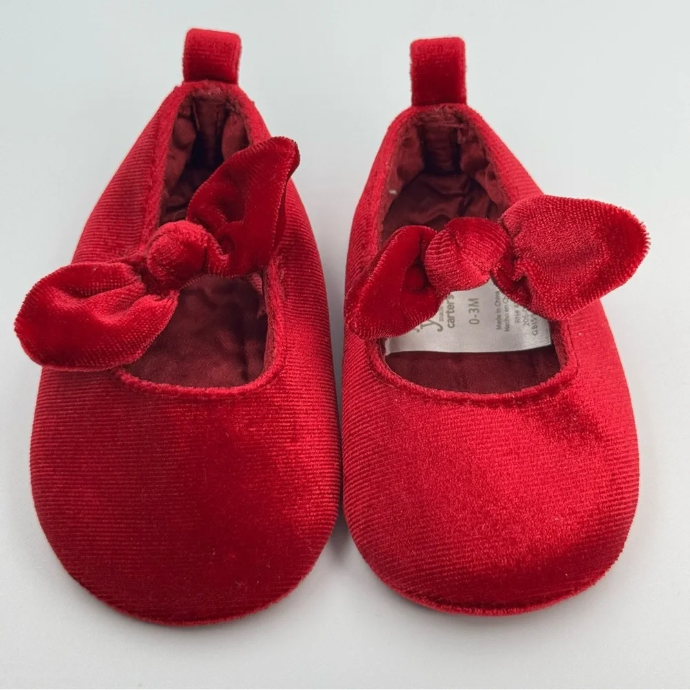 Carter’s Just One You Red Velvet Velour Baby Slip On Dress Shoes with Bows 0-3